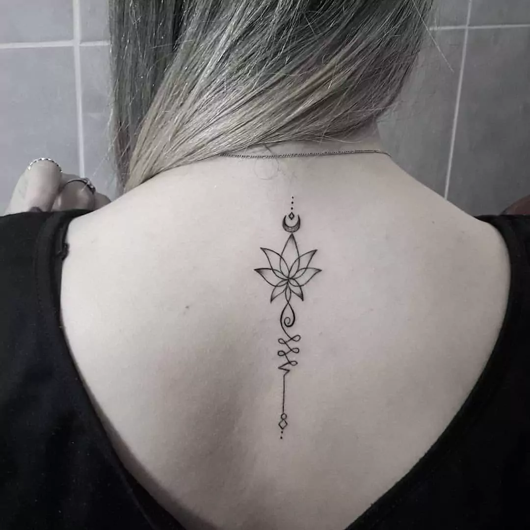 Unalome Tattoo With Lotus On The Back