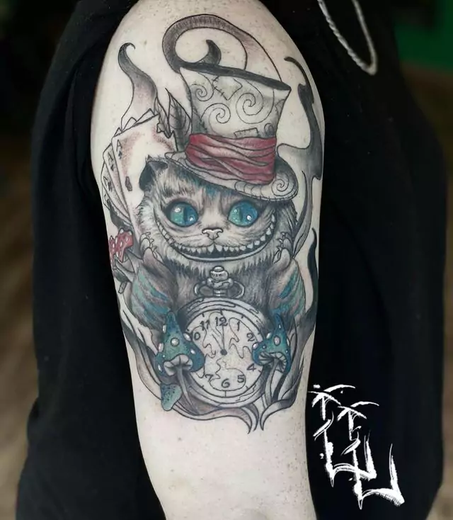 black realistic cheshire cat tattoo