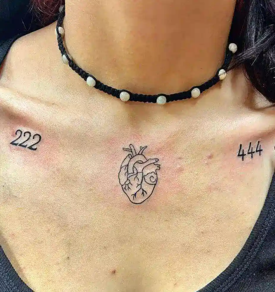 444 And 222 with heart collarbone tattoo