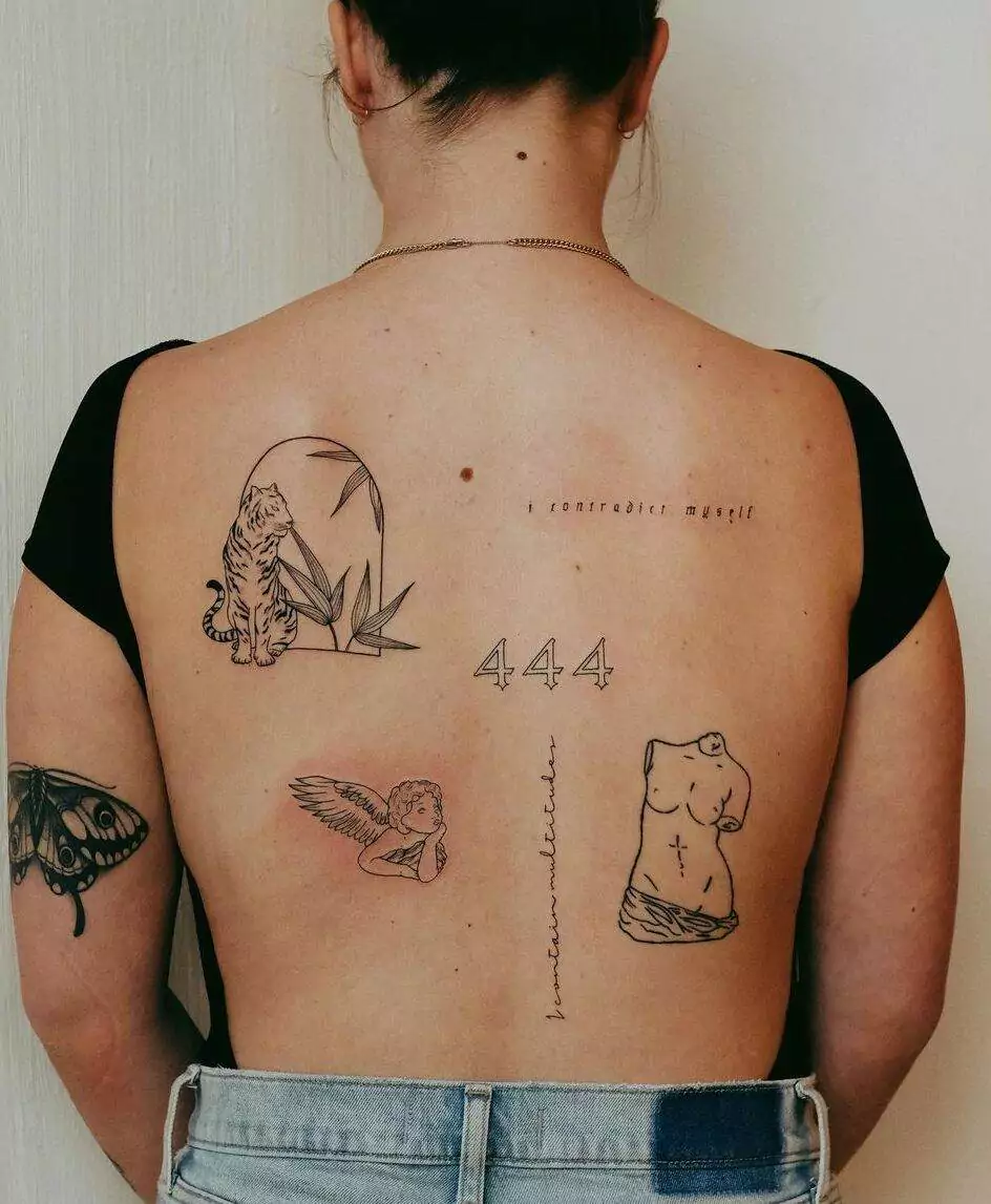 444 Tattoo with Multiple Elements on the Back