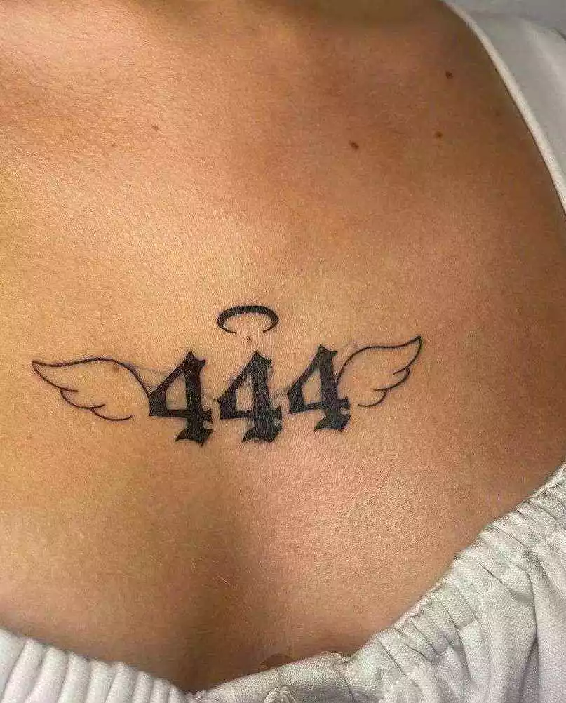 Angel Wings And 444 Sternum Tattoo