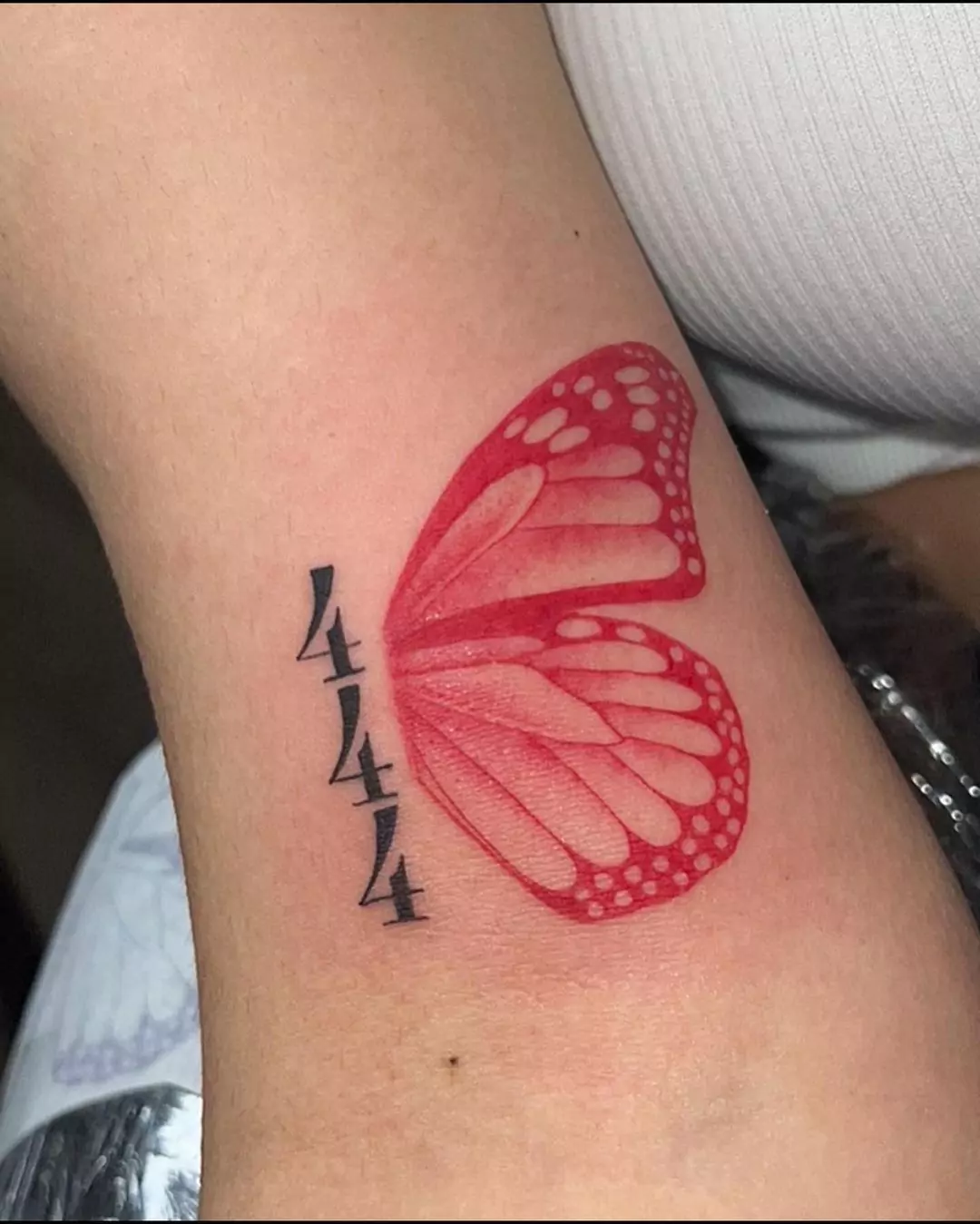 Red Butterfly And 444 Angel Number Tattoo