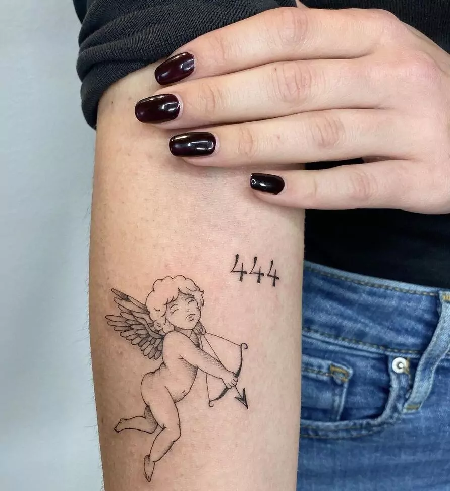 cute angel and 444 tattoo on the hand