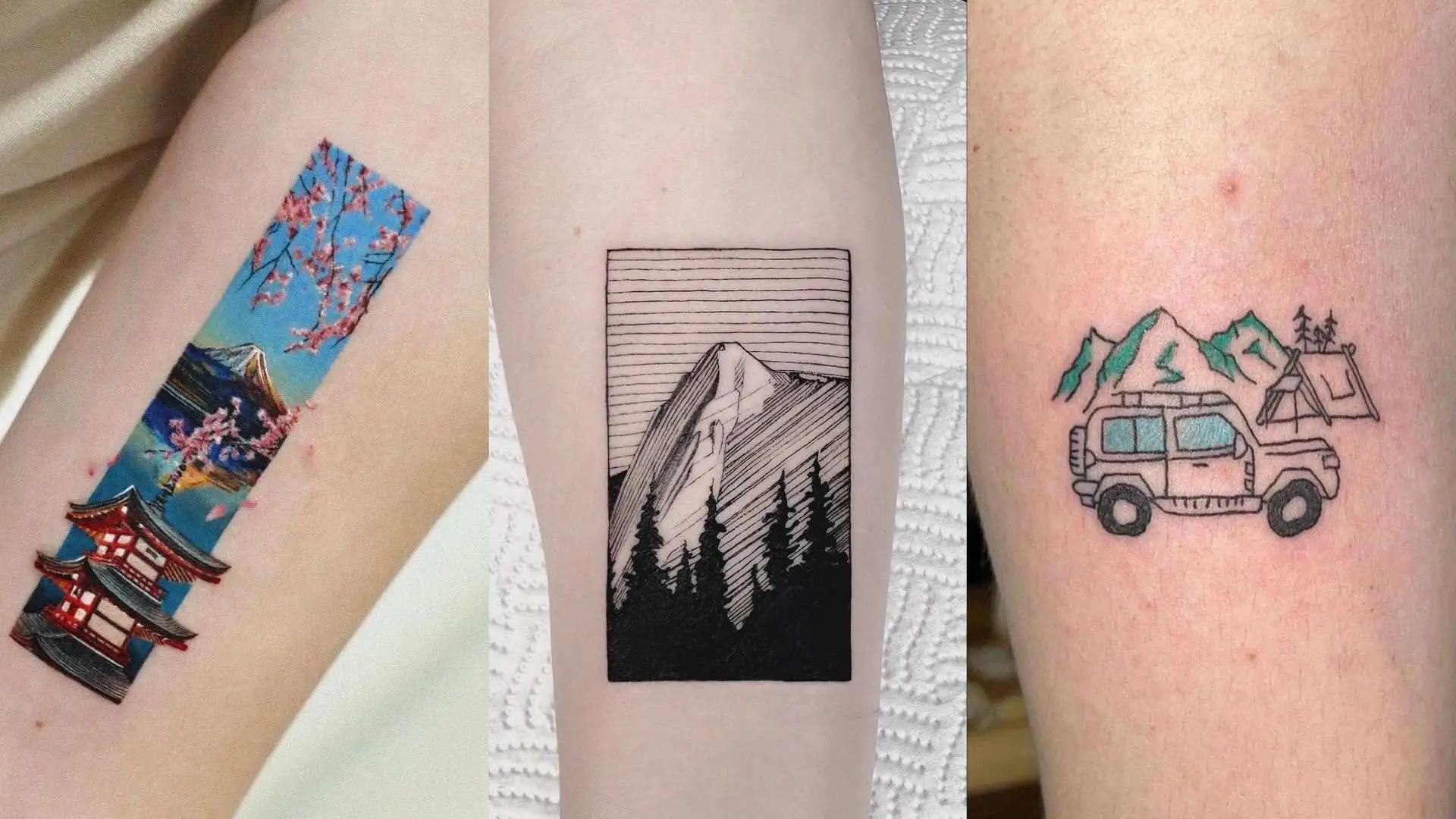 One line mountain tattoo located on the bicep,