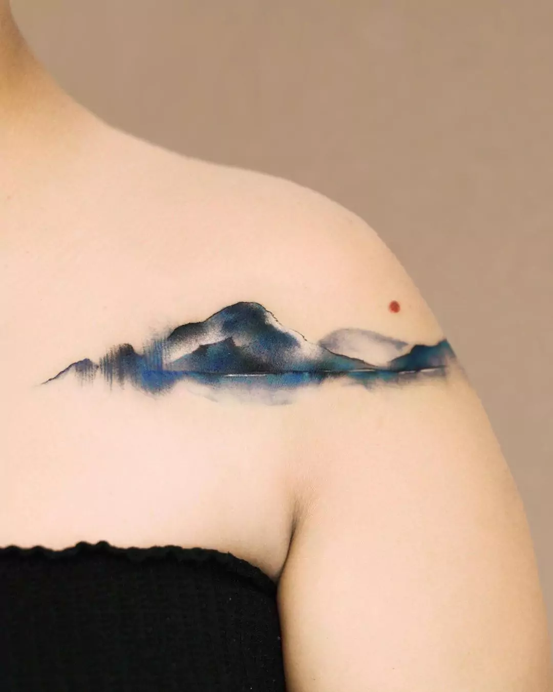 blue gradient shoulder mountain tattoo