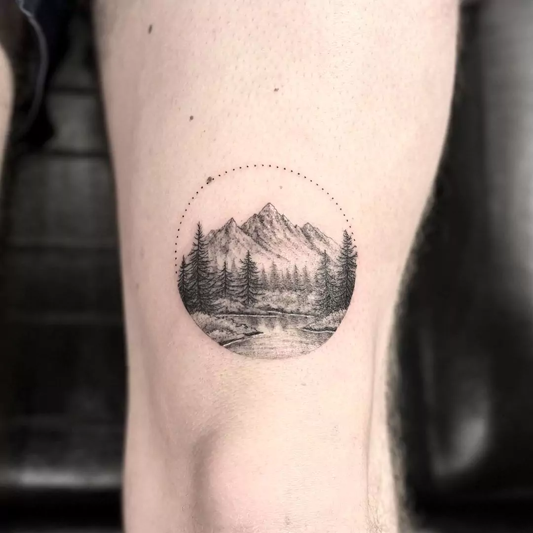 dot art mountain tattoo inside circle