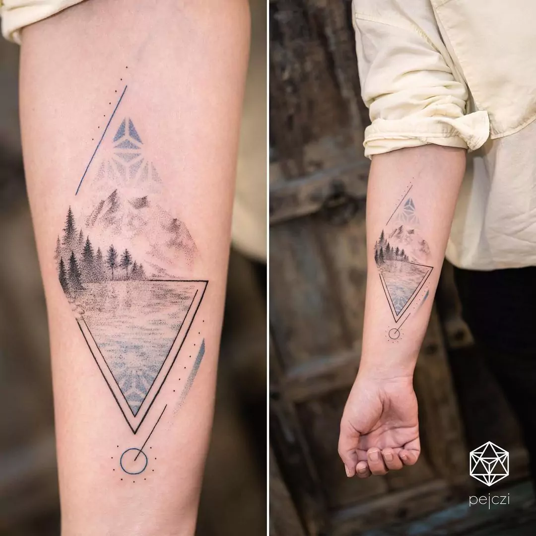 geometric mountain colorful tattoo