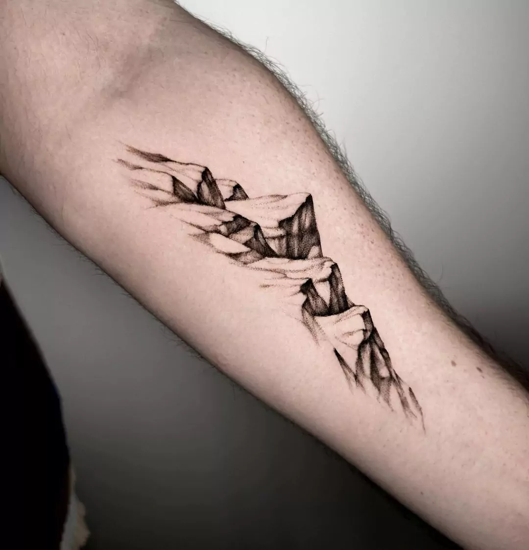 landscape mountain tattoo in dot art style