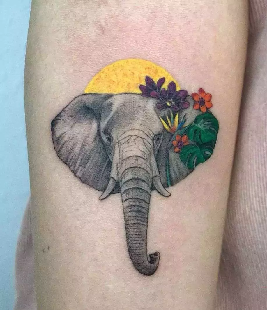 colorful flower and elephant tattoo
