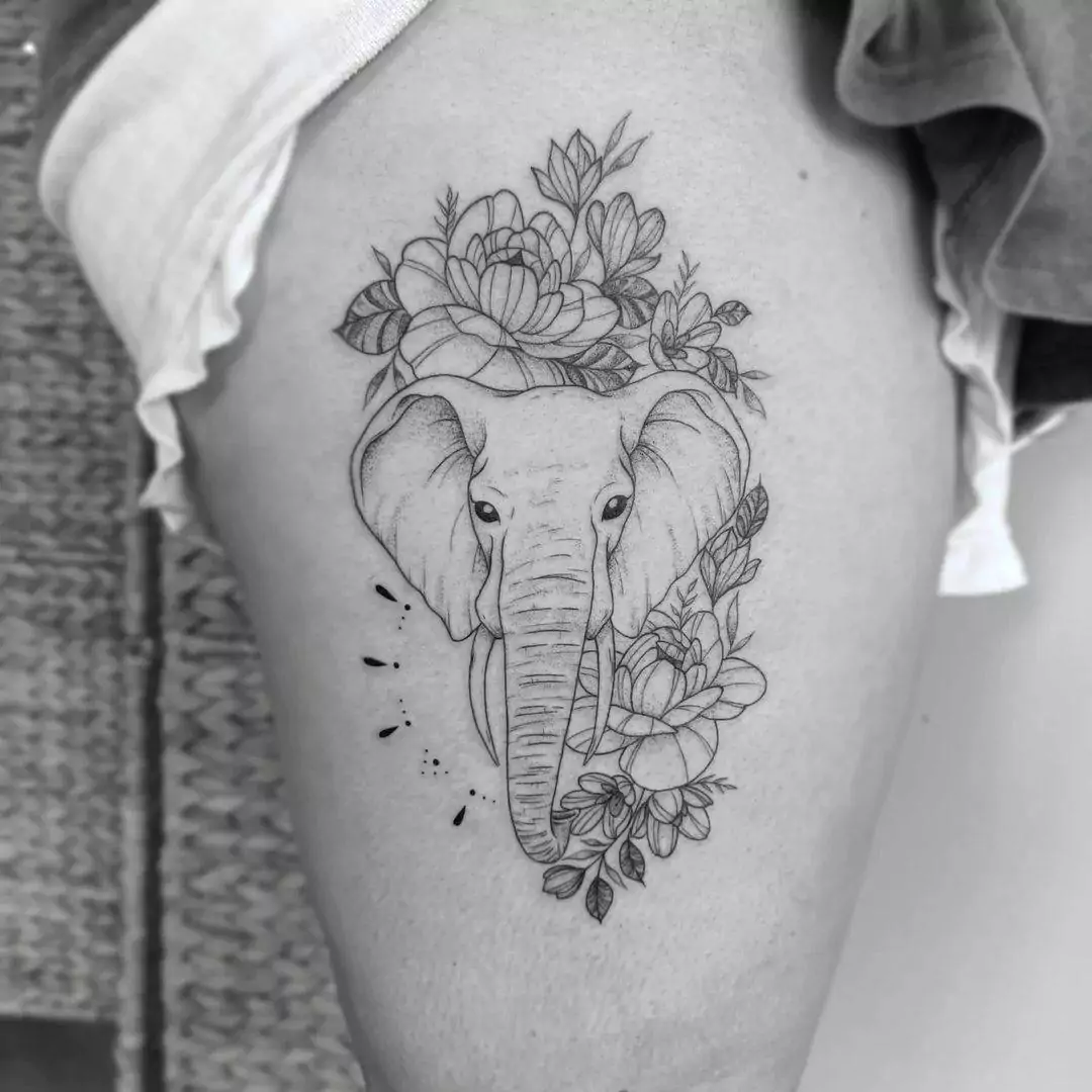 line art elephant tattoo on the thigh