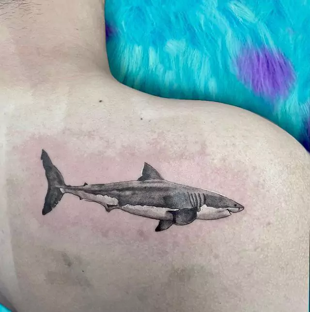 big realistic shark shoulder tattoo