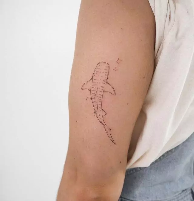 dot and fine line shark hand tattoo