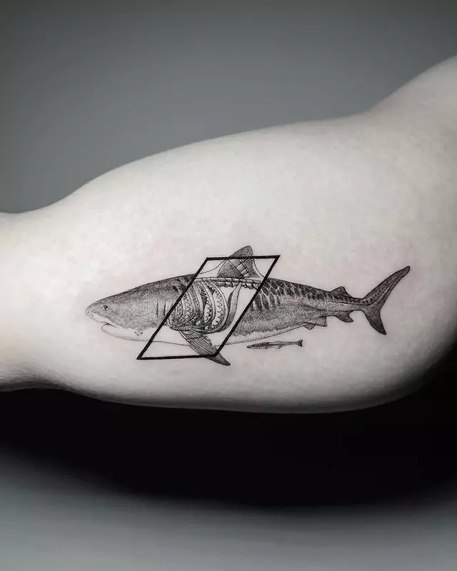 half-skeleton shark hand tattoo