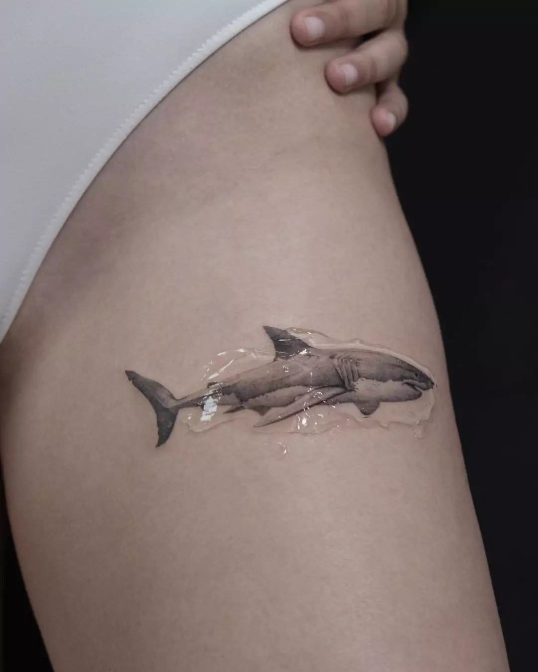 micro realism shark thigh tattoo