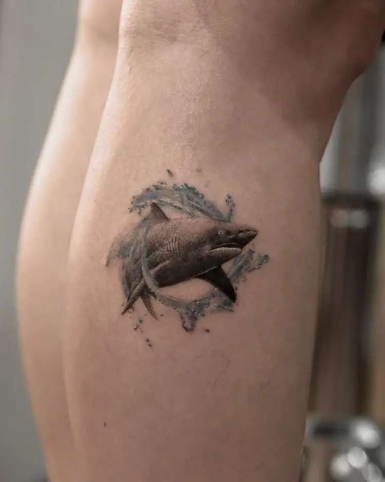 watersplash shark leg tattoo