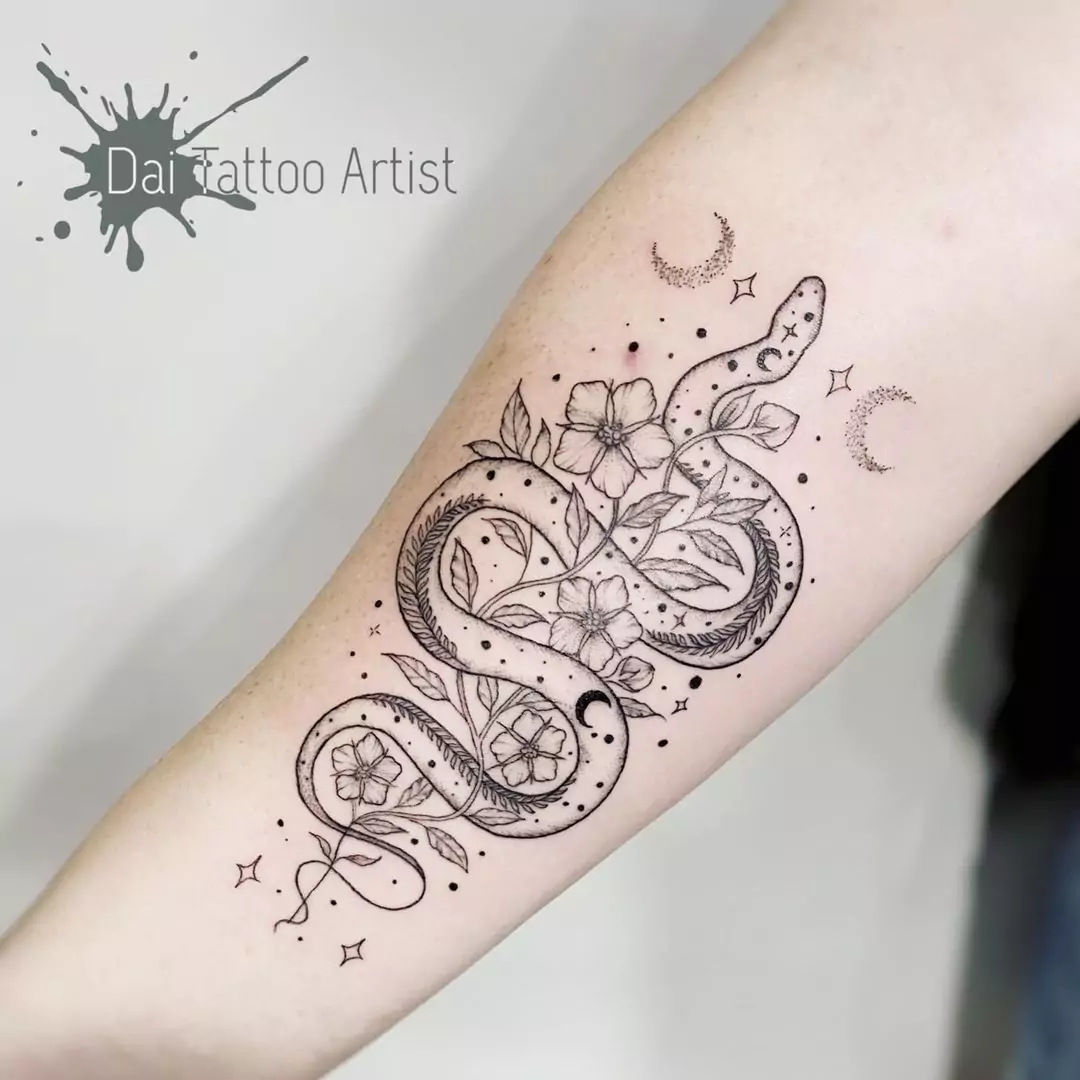 line art snake and flower tattoo