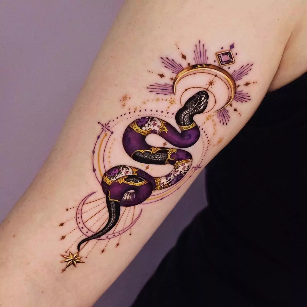 purple snake hand tattoo