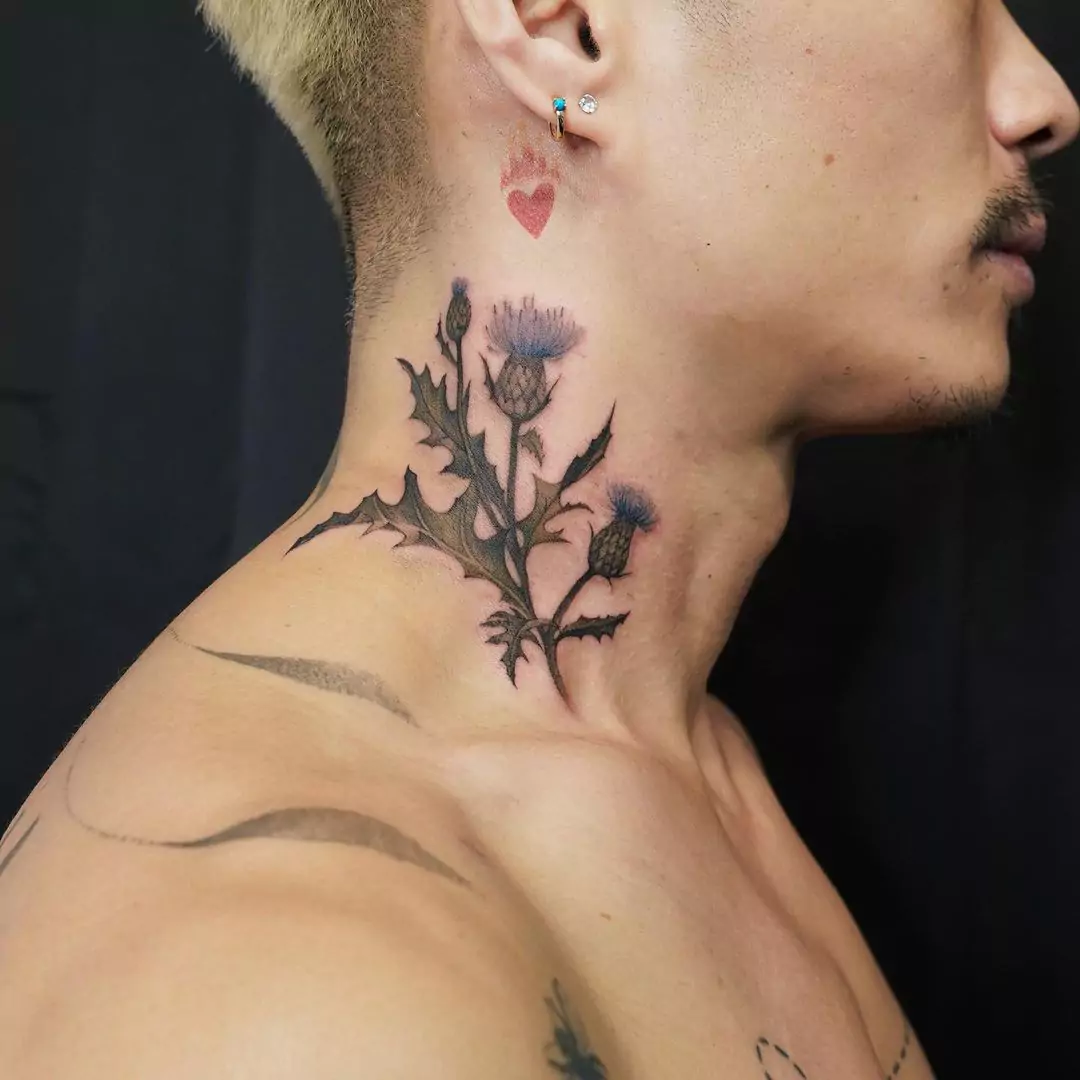 blue thistle neck tattoo