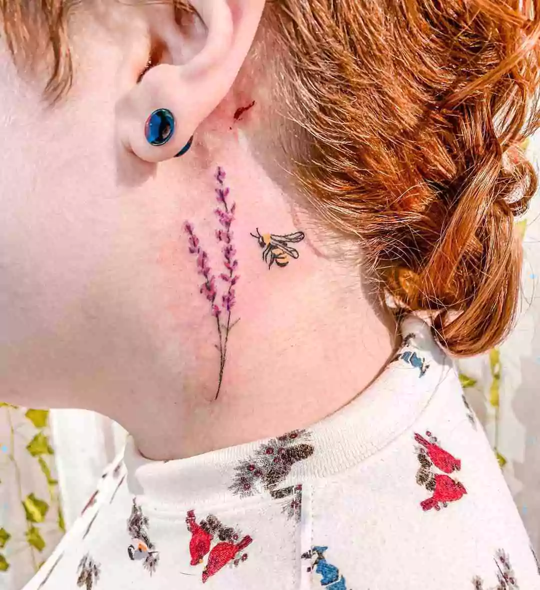 bumble bee and lavender neck tattoo