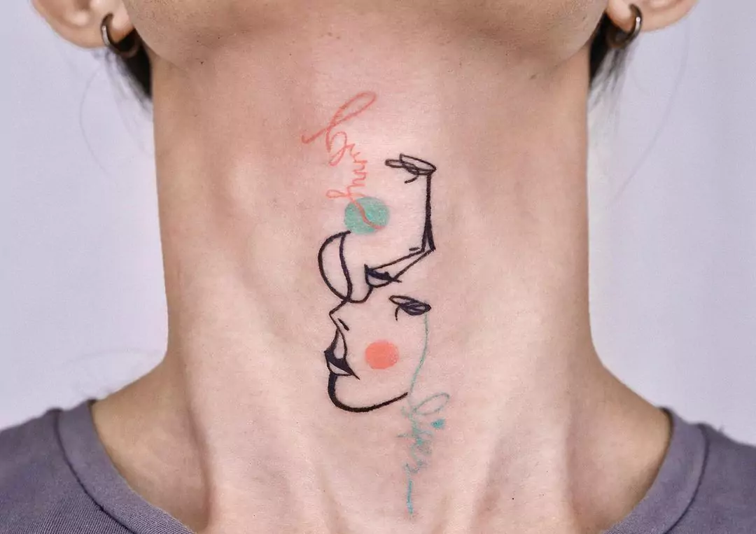 men and women face neck tattoo in abstract style