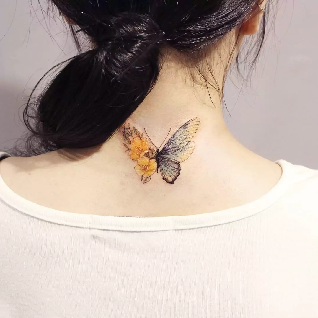 flower and butterfly nape tattoo