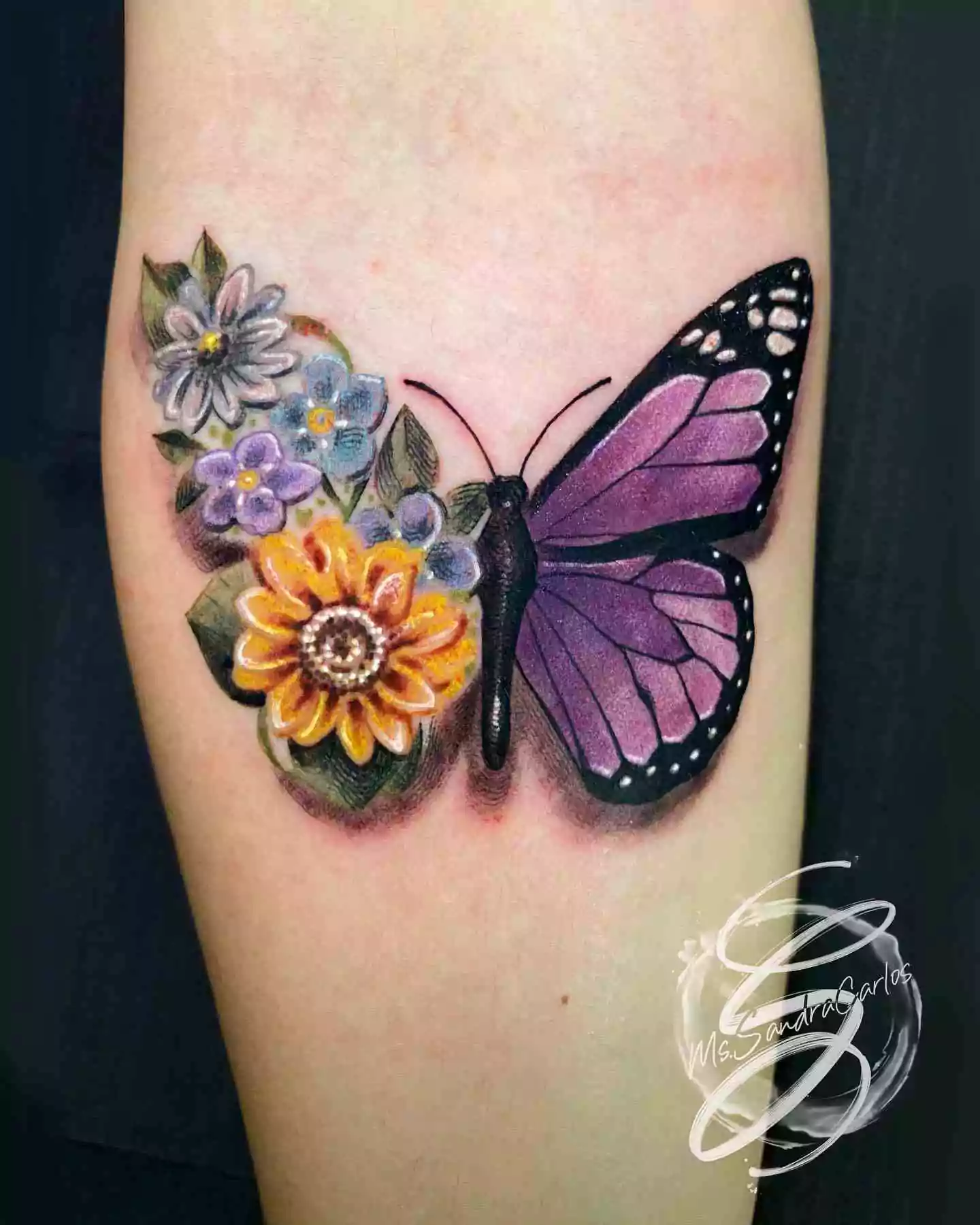 flower and butterfly tattoo in realistic style