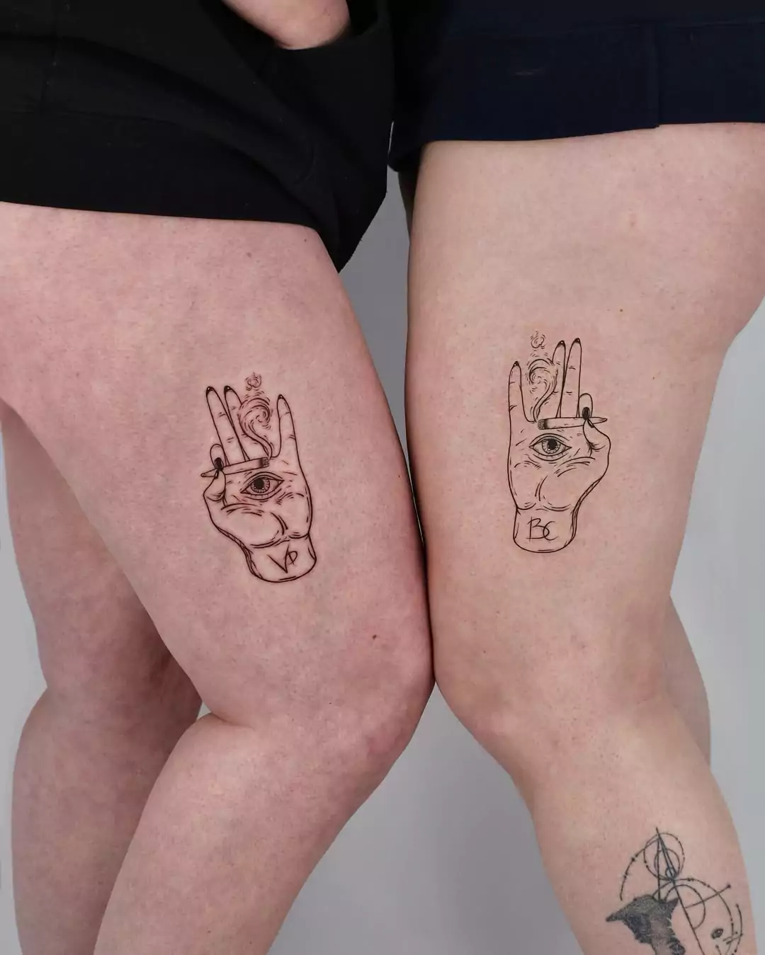 Matching Line Art Hamsa hand best friend tattoos