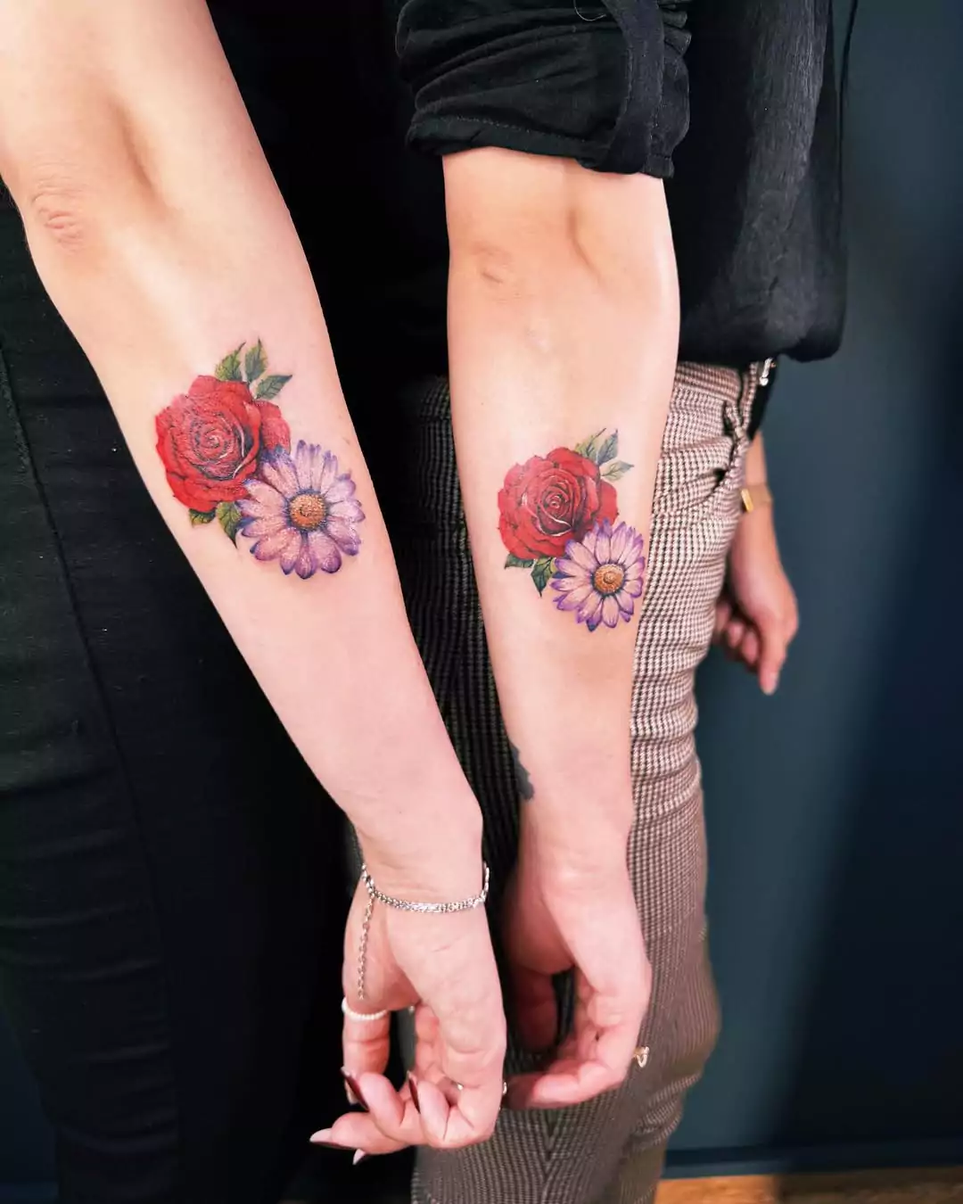 colorful big flower tattoos for best friends